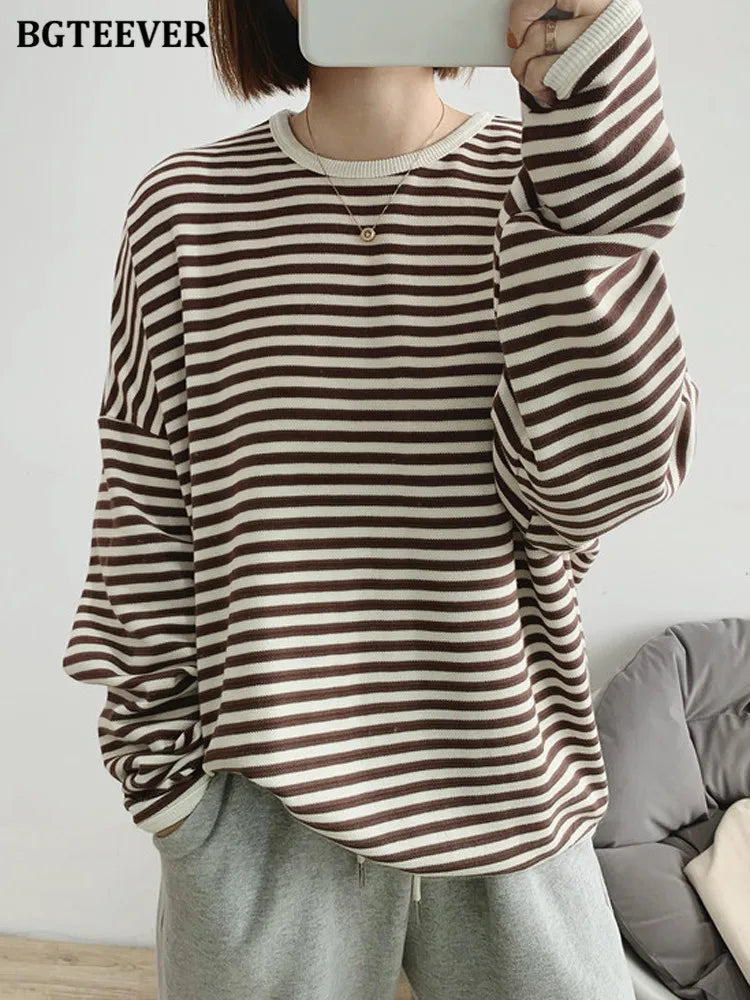 BGTEEVER 2022 Autumn Casual Striped Pullovers Women Knitted Cotton Sweatshirts Female Long-sleeved Loose Tops Tee Shirt Femme